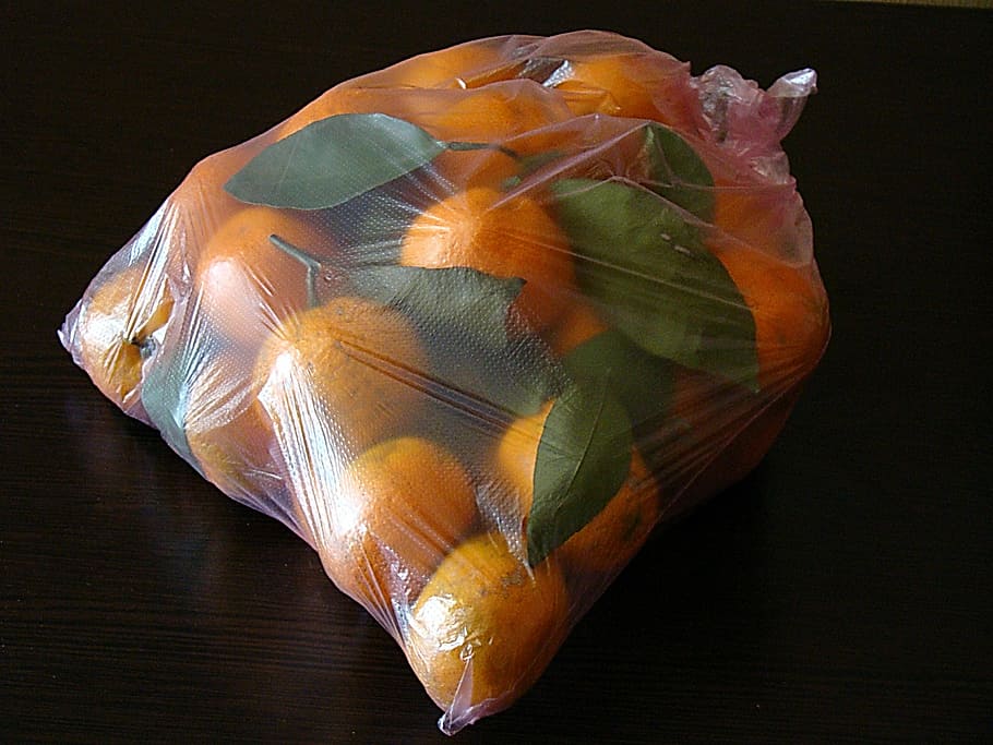 mandarins, leaves, package, packaging, transparent, no people HD wallpaper