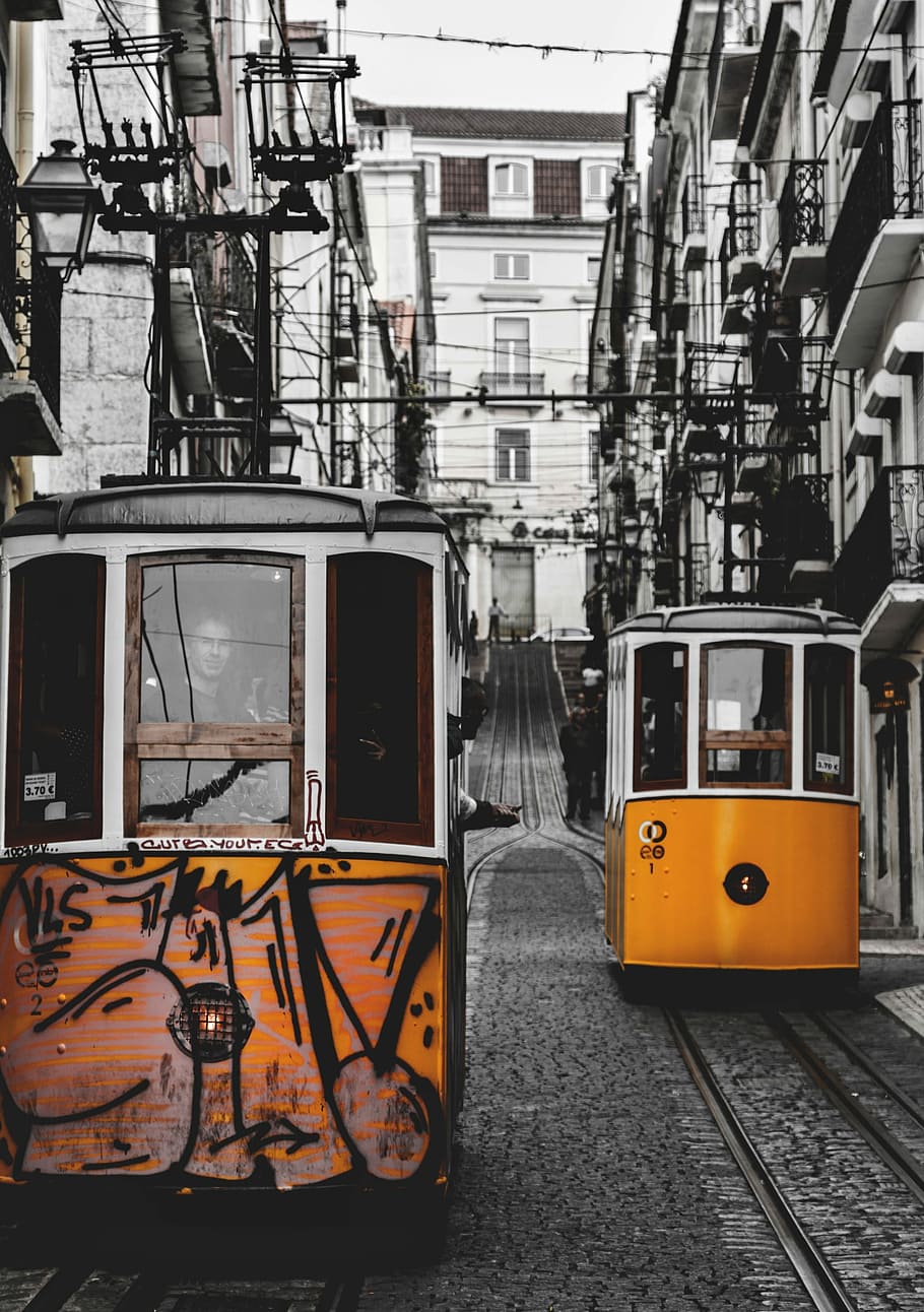 selective color photography of tram, lisbon, trams, the lisbon trams HD wallpaper