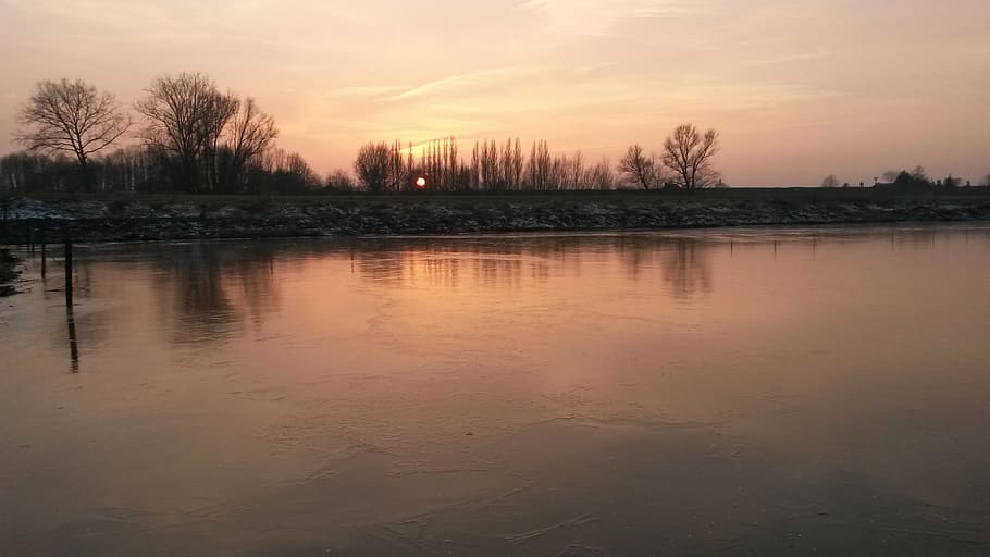 ice, uiterwaarde, sunset, dawn, river, landscape, sky, reflection HD wallpaper