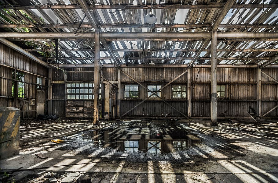 puddle under brown building skeleton, shed, deteriorated, empty HD wallpaper