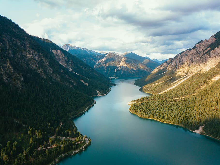body of water between highlands, aerial photography of river between mountains HD wallpaper
