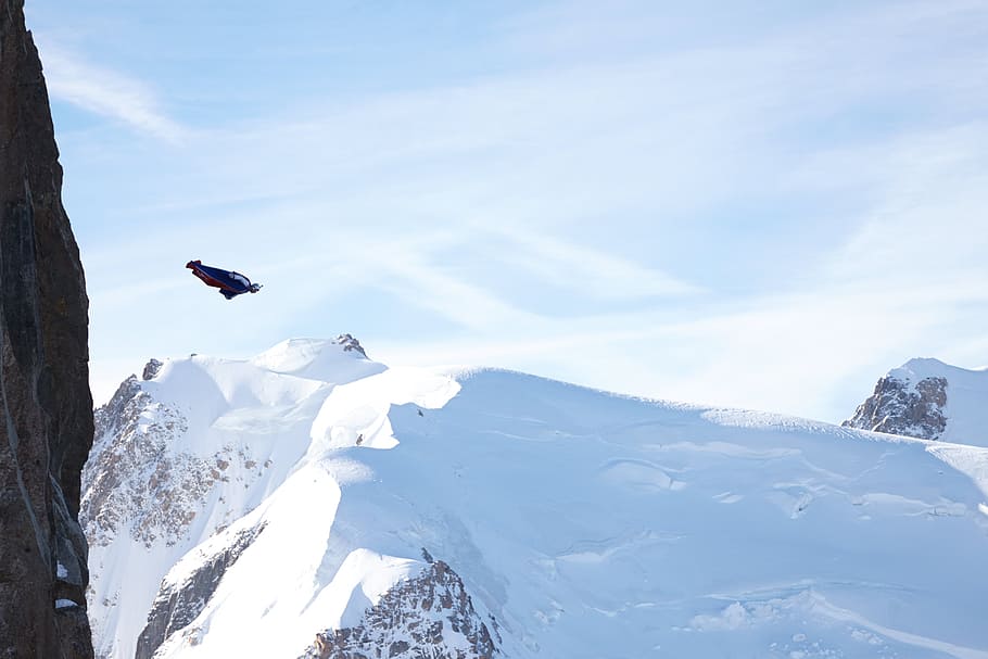 aiguille du midi, wingsuit, mountains, chamonix, snow, winter, HD wallpaper