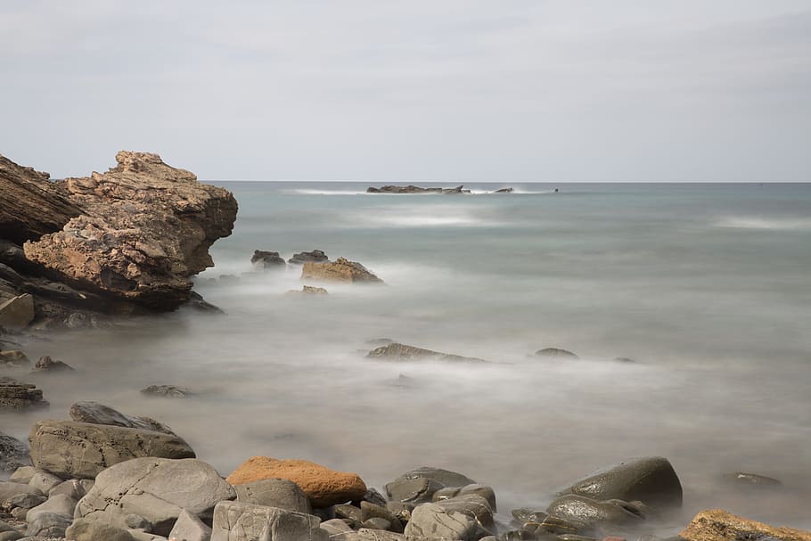 Calm, Sea, Cala, Minorca, calm sea, beach, rock - Object, nature HD wallpaper