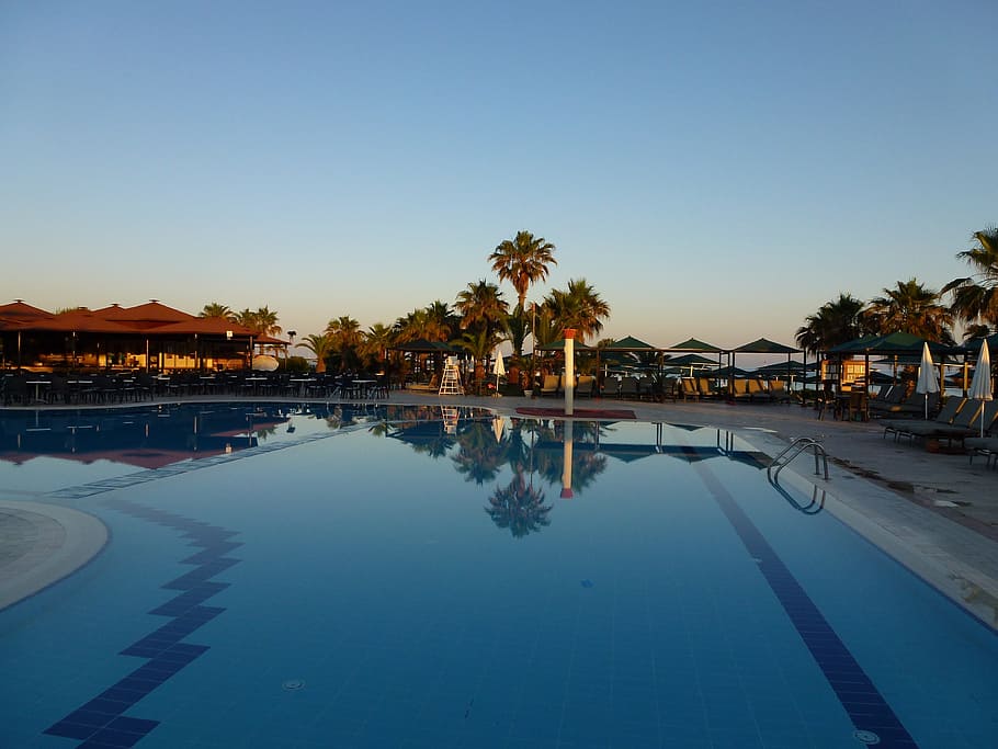 pool, beach, turkey, swimming, outdoor, exotic, hotel, blue HD wallpaper