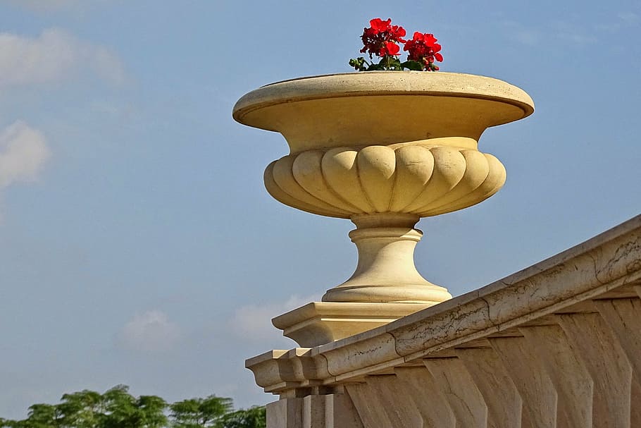 sky, vase, flower, blue sky, decorative, architecture, nature HD wallpaper