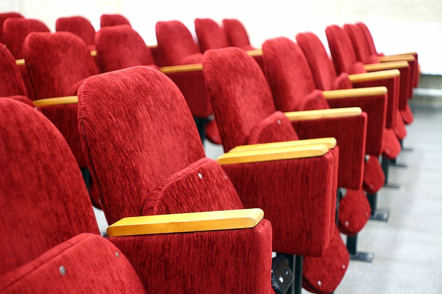 red theater chairs, seat, hall, assembly, cinema, place, ranks HD wallpaper