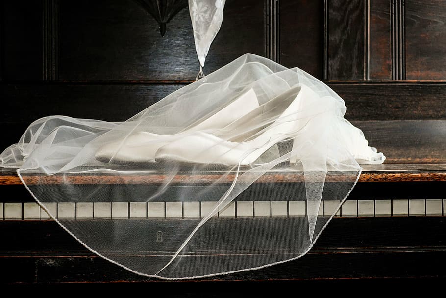 white textile, shoes, brautschuhe, elegant, bridal veil, wedding