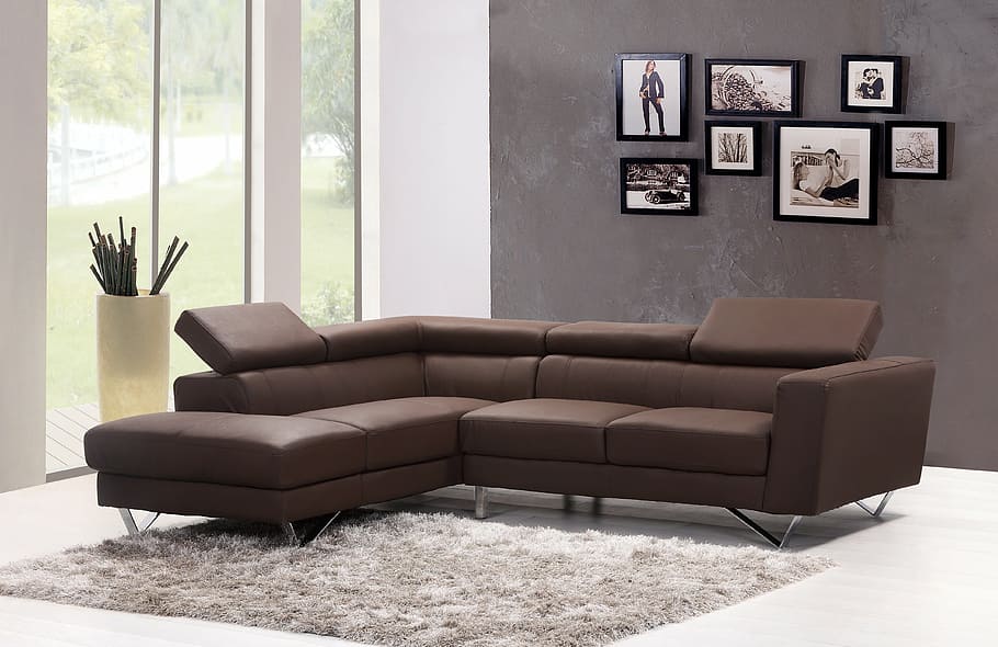 brown sectional couch, sofa, home, interior, carpet, modern, room, HD wallpaper