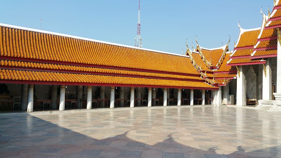 buddhist monastery, blue sky, architecture, built structure HD wallpaper