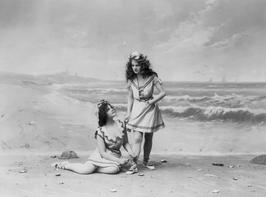 two women wearing dresses near seashore painting, bathers, girls, HD wallpaper