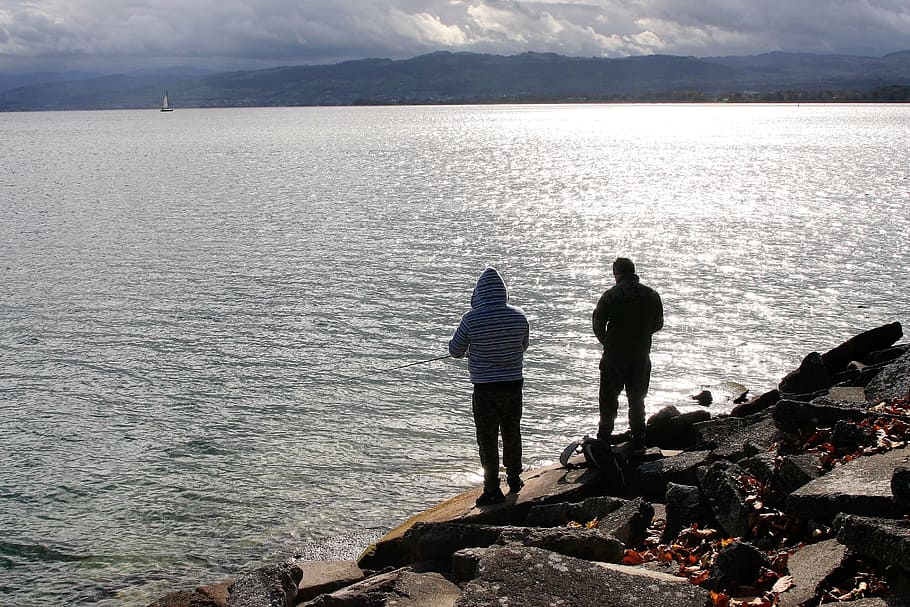 fishing, angler, relax, cloudy, lake, rock, beach, autumn, bodensee HD wallpaper