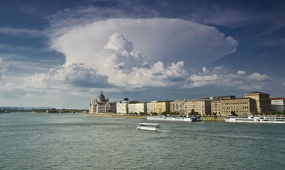 yacht on body of water, budapest, hungary, summer, river, view of the city HD wallpaper