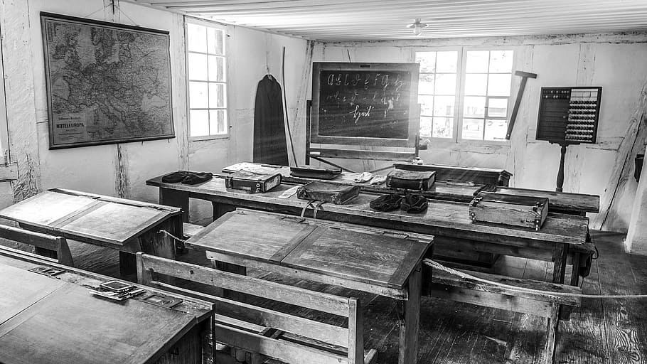 grayscale photo of classroom, school, old classroom, blackboard