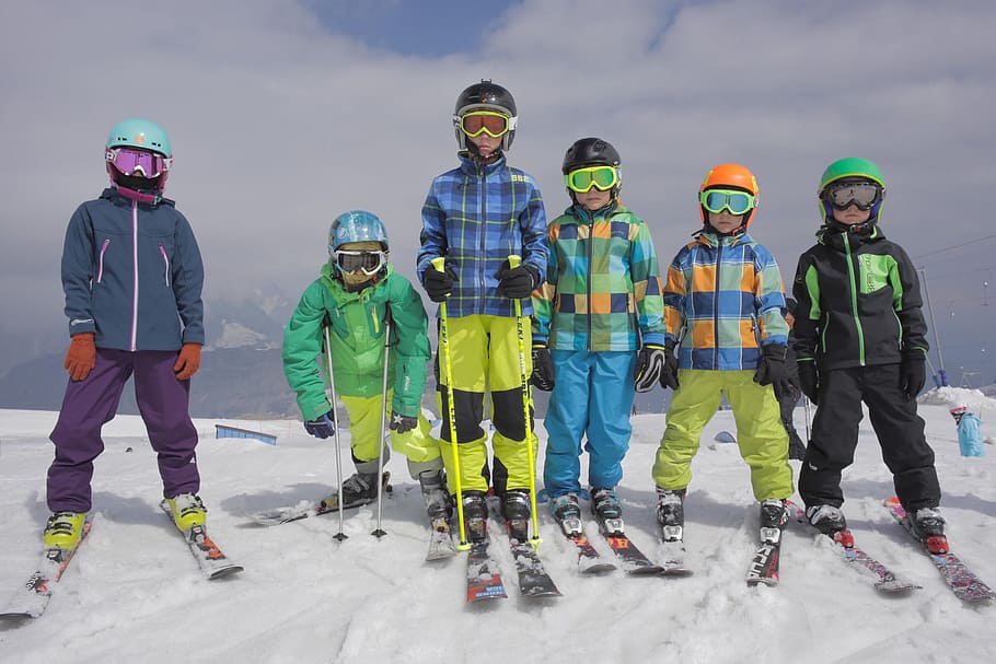 mountains, skiing, kids, group of people, helmet, full length HD wallpaper