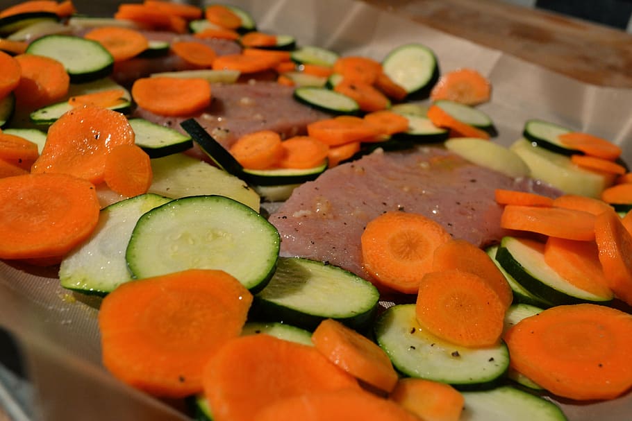 vegetables, carrots, zucchini, courgette, food, meat, cuisine HD wallpaper
