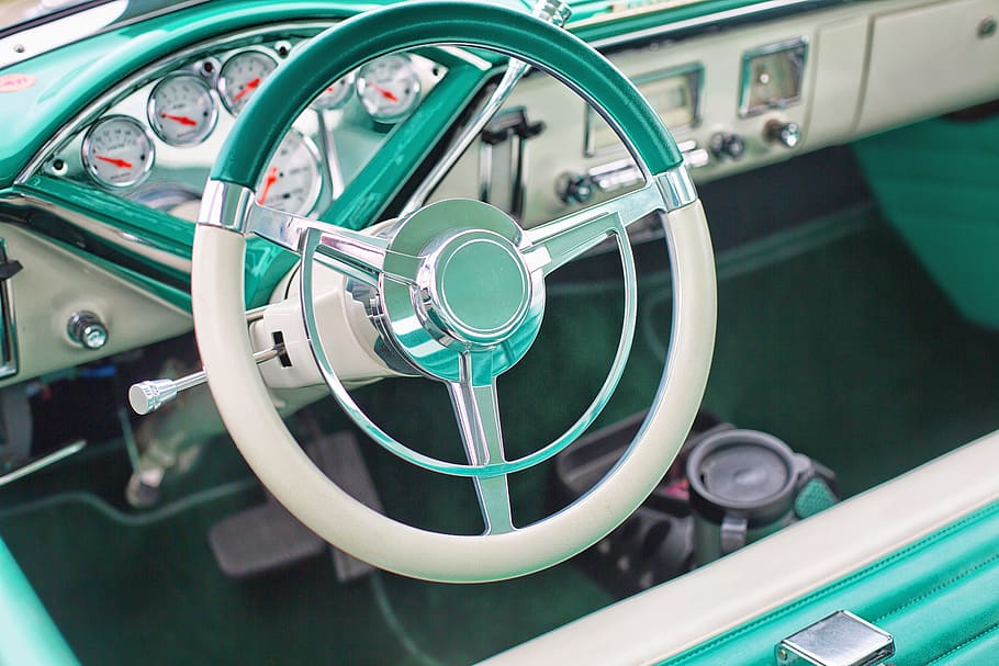white and green car interior, vintage car, turquoise, steering wheel, HD wallpaper