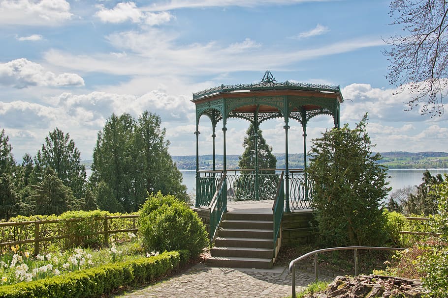 pavilion, lake constance, view, water, weather mood, clouds HD wallpaper