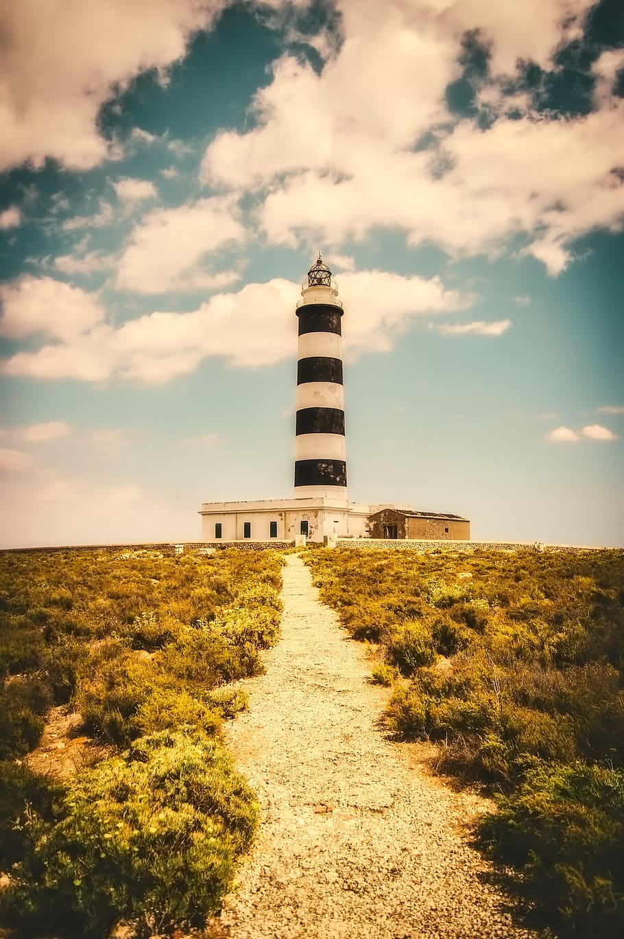 white and black lighthouse, minorca, spain, landscape, path HD wallpaper