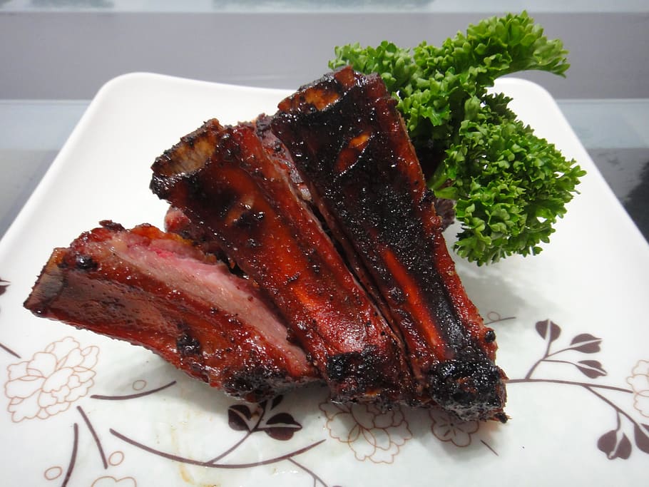 grilled ribs on plate, bbq, pork, meat, brazier, beef, barbecue HD wallpaper