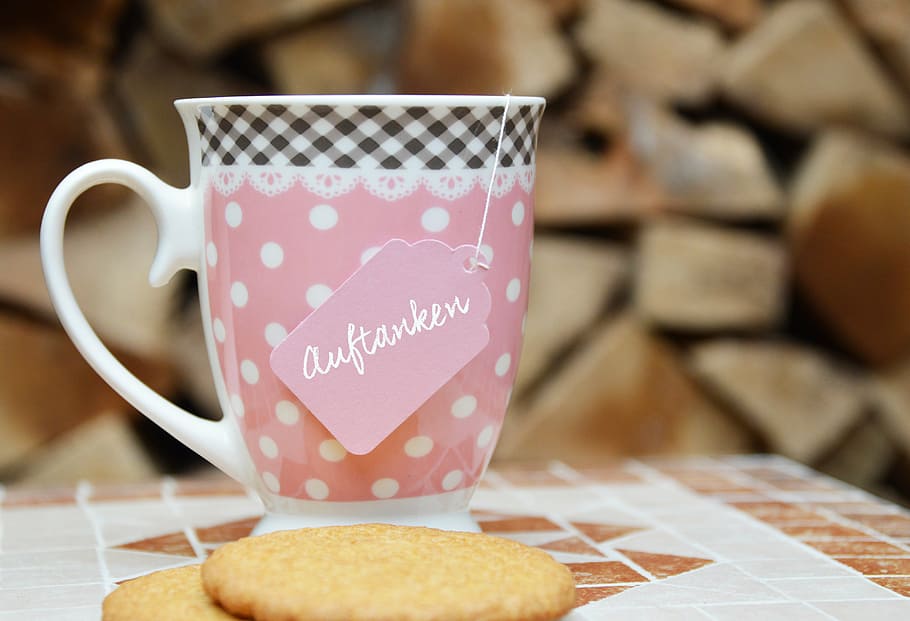 white, pink, and black ceramic mug on table with cookies, rest HD wallpaper