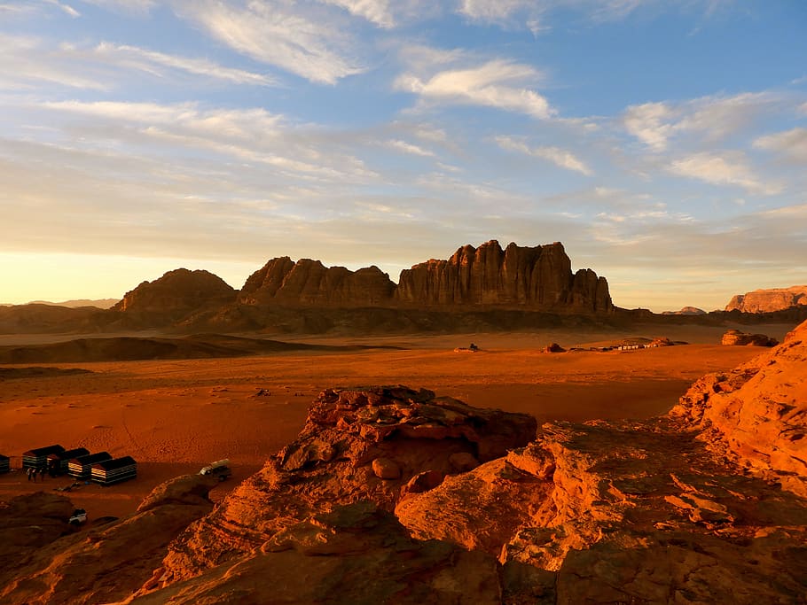 desert, sunset, sand, wadi, rum, jordan, landscape, red, sky, HD wallpaper