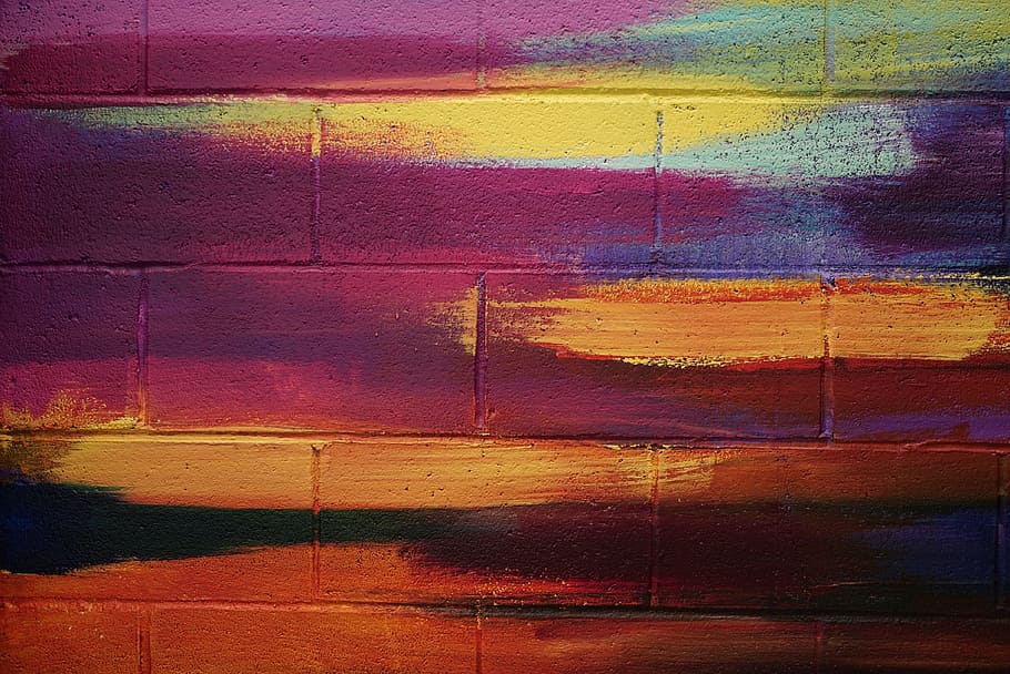 purple, blue, orange, and black brick wall, art, color, modern HD wallpaper