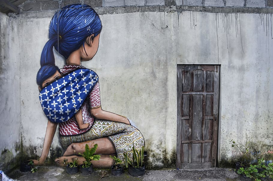 woman kneeling wall painting, house, graffiti, girl, child, art, HD wallpaper