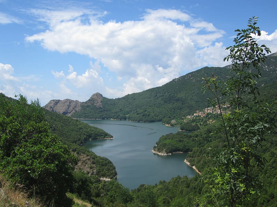corsica, lake, nature, plant, cloud - sky, water, mountain HD wallpaper
