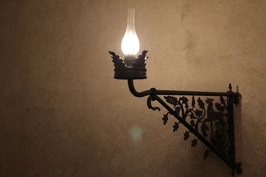 black metal wall lamp, light, castle, electricity, bright, energy