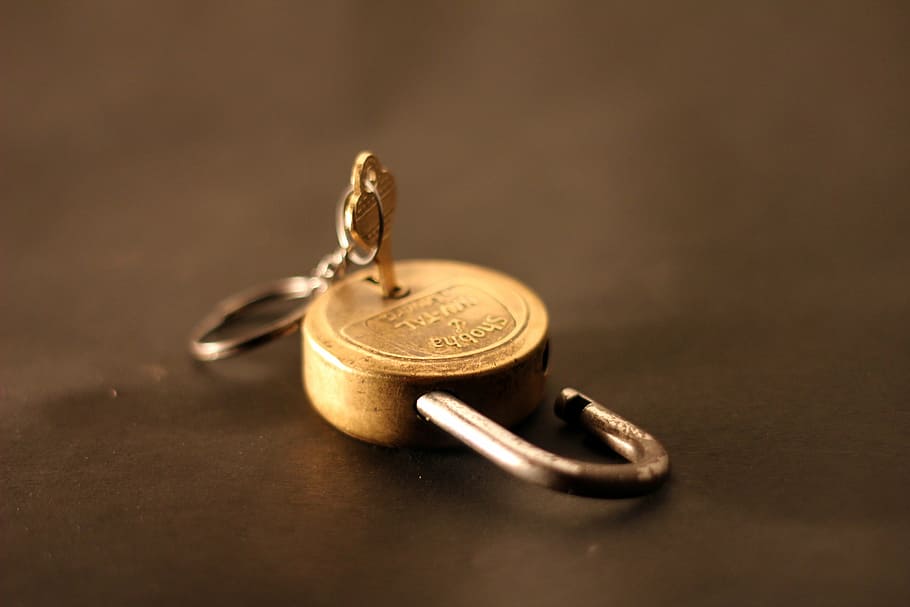 gold-colored padlock with grey metal key, unlocked, close, security, HD wallpaper