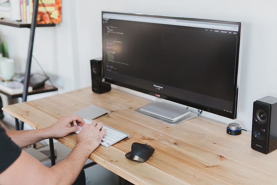 person holding Apple Magic keyboard, computer, desk, work, business HD wallpaper