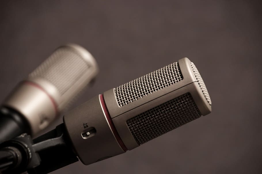 two gray microphones, two gray condenser microphones, electronic, HD wallpaper