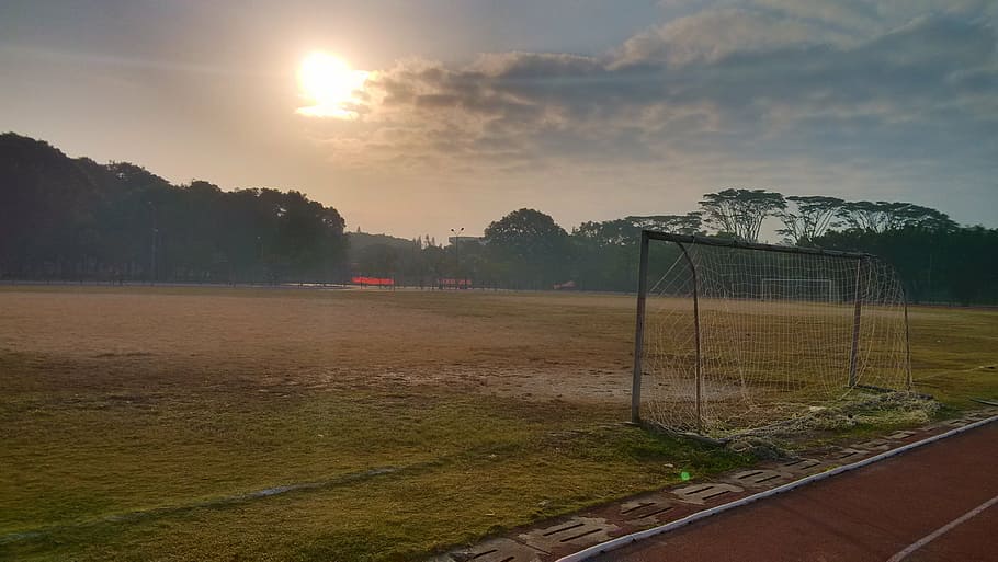 playground, athletic track, sunrise, sky, sport, grass, soccer HD wallpaper