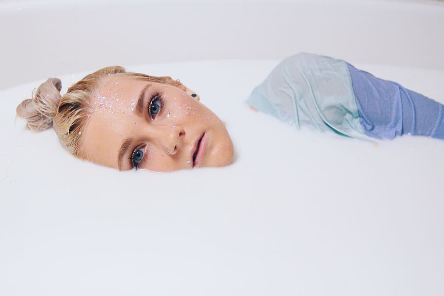 woman in white colored liquid, beautiful, blond, blonde, face HD wallpaper