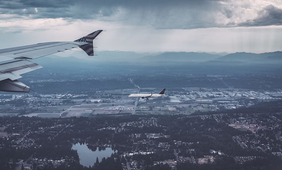 white and red airplane flying, plane over aerial view, Aerial Photography HD wallpaper