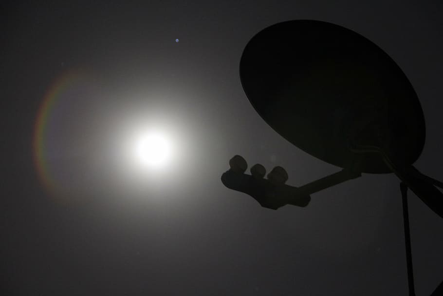 silhouette photo of satellite dish under full moon, night, technology