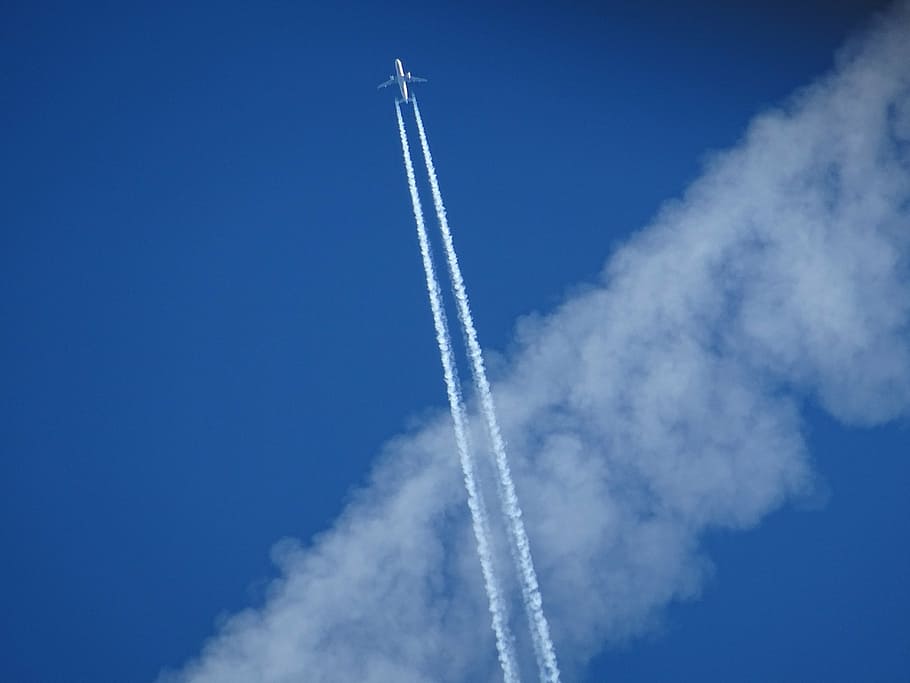 aircraft, contrail, sky, blue, two spotlights, engine, height HD wallpaper