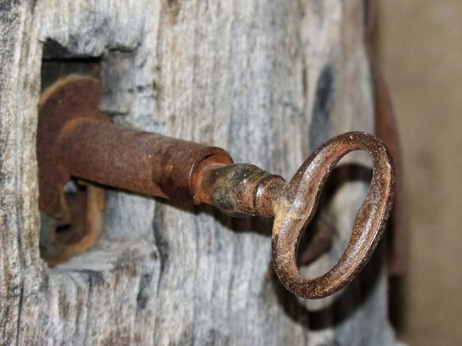 Key, Lock, Door, Open, Iron, Wood, rustic, old, rusty, metal, HD wallpaper