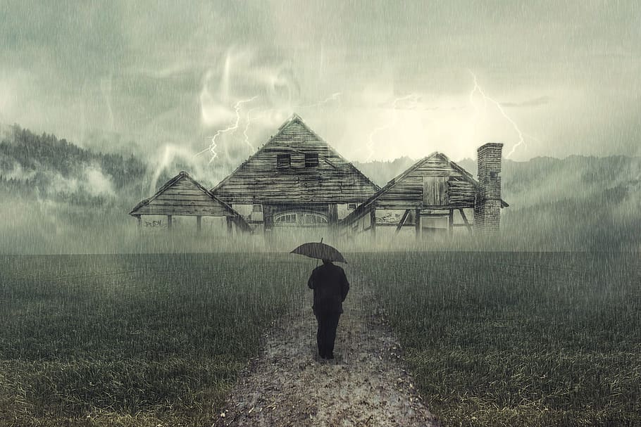 person with umbrella with house background, rain, thunderstorm