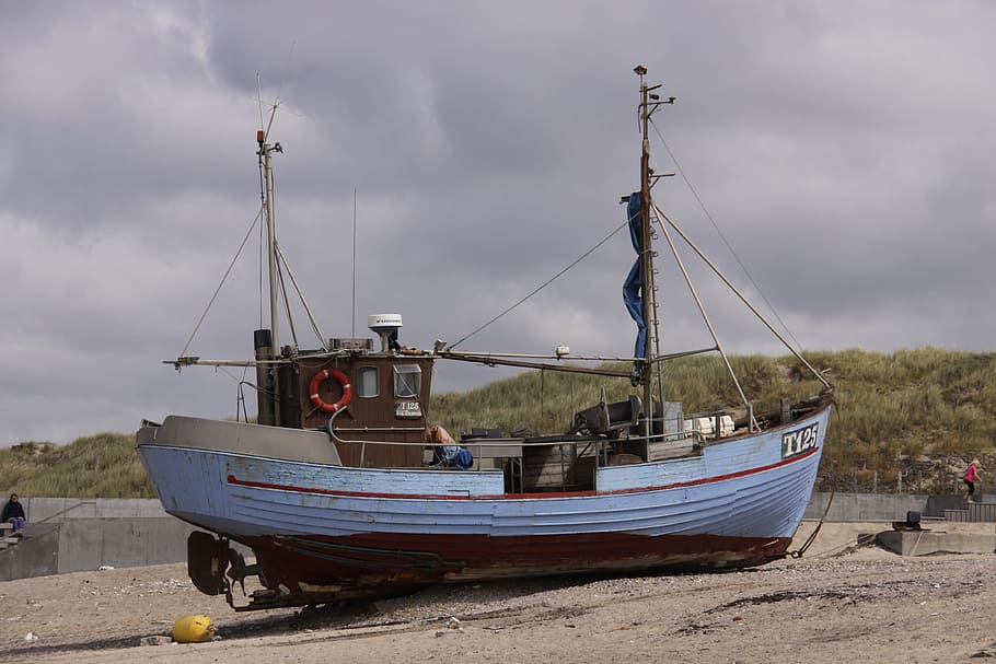 Fishing, Boat, Ashore, Jutland, Denmark, sand, ship, dunes, HD wallpaper