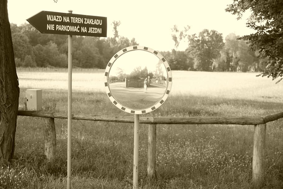 characters, mirror, the fence, view, landscape, field, way HD wallpaper