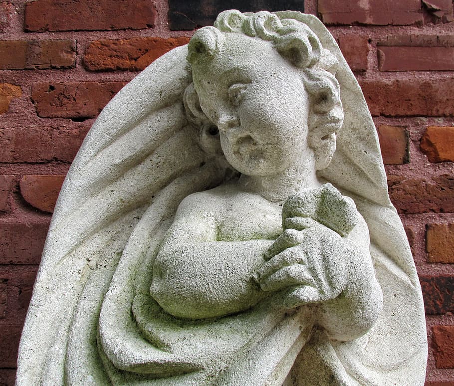 statue, child, close-up, stone, brick, angel, angelic, gray HD wallpaper