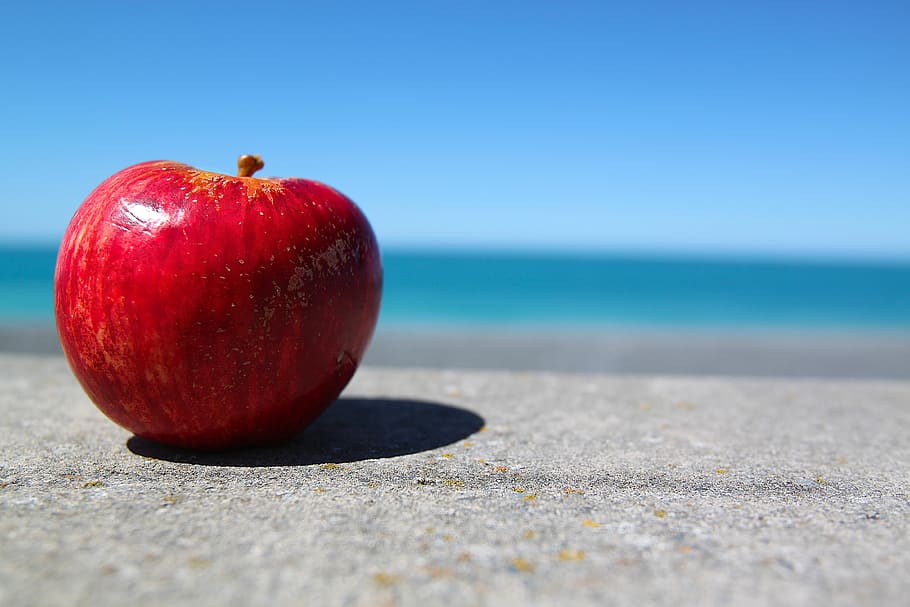 close-up photography of red apple fruit, sky, surface, blue HD wallpaper