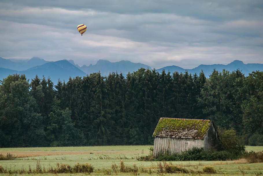 balloon, mountains, sky, clouds, alpine, hot air balloon, fly HD wallpaper