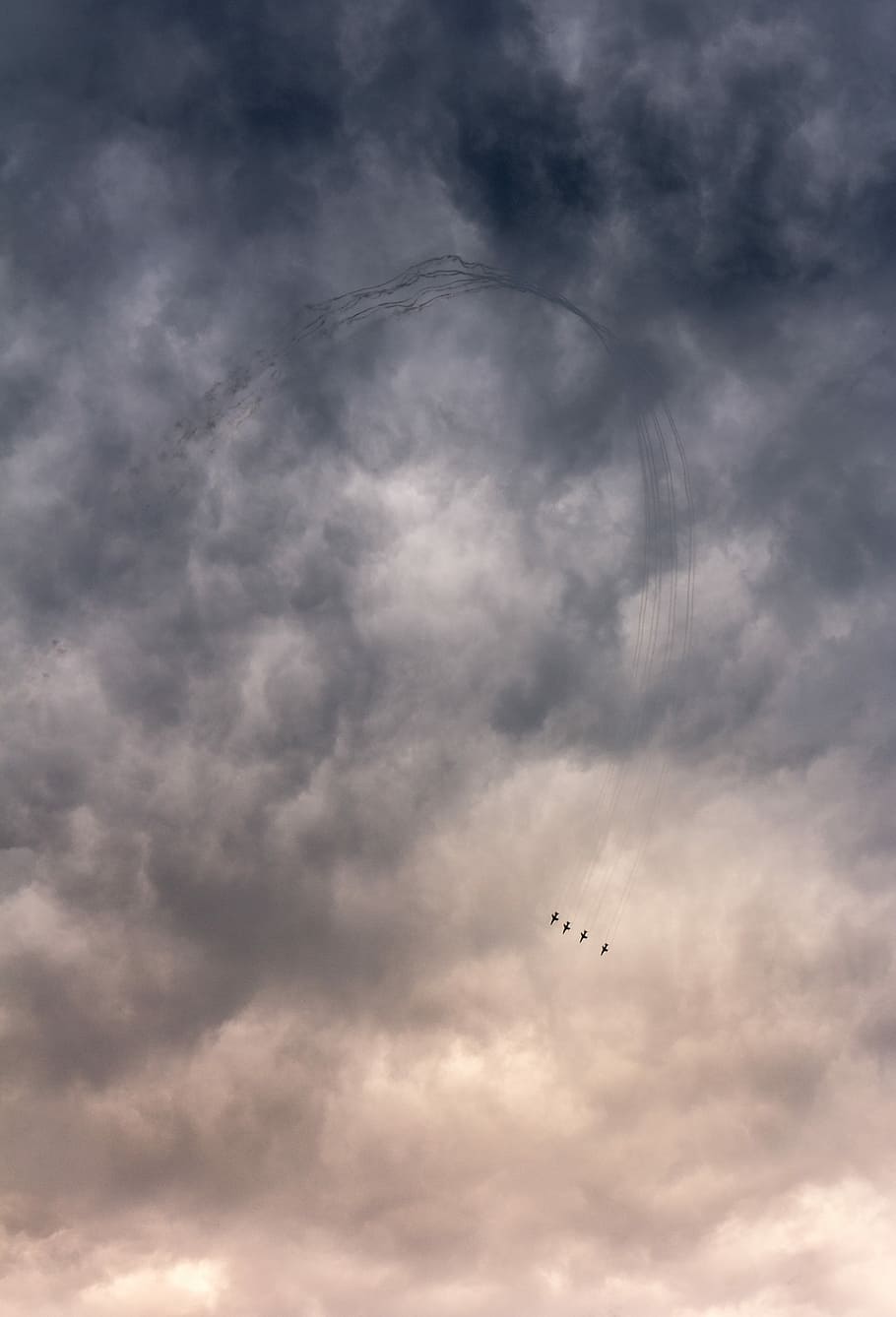 silhouette of four aircraft flying near clouds, four flying birds under gray and white cloudy sky during daytime HD wallpaper