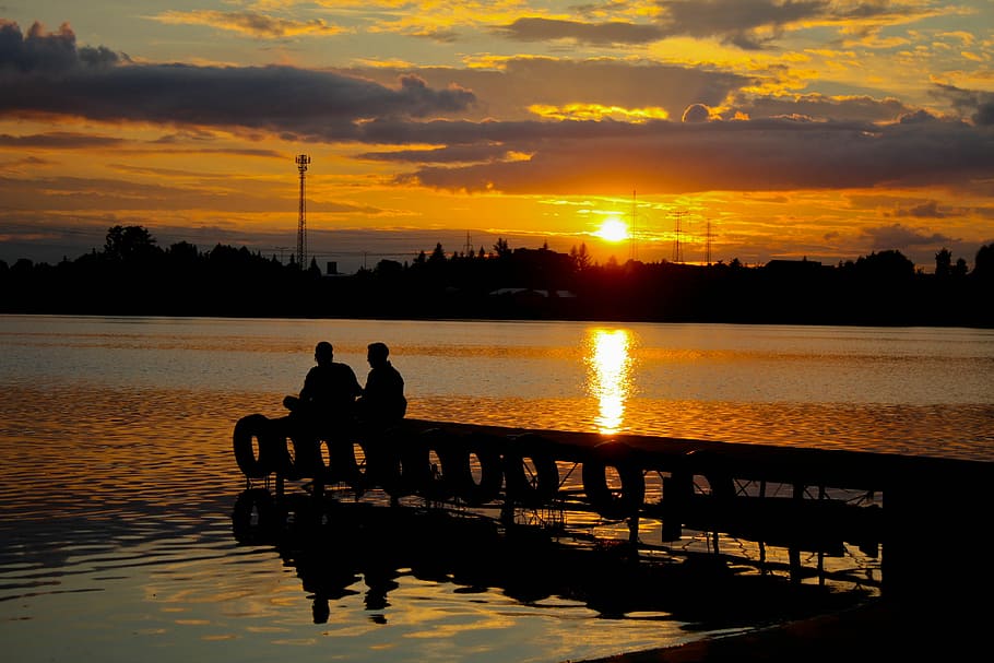 Sunset, Water, Bridge, West, Nature, people, silhouette, reflection HD wallpaper