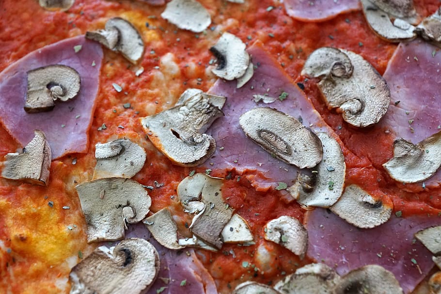 pizza, eat, mushrooms, ham, italian, food, meal, delicious HD wallpaper