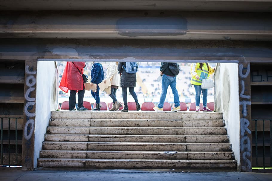 six person walking near tunnel, group of people on stairs, steps HD wallpaper