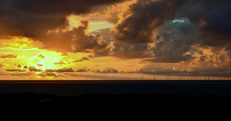 sunset, clouds, evening sky, lighting, mood, borkum, nature HD wallpaper