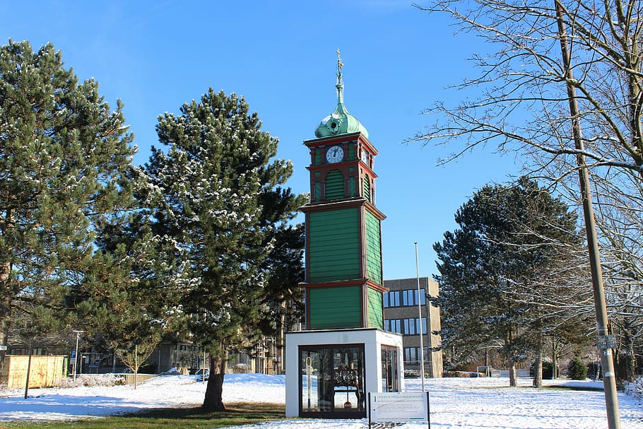 clock, hiddenhausen, winter, tree, plant, architecture, built structure HD wallpaper
